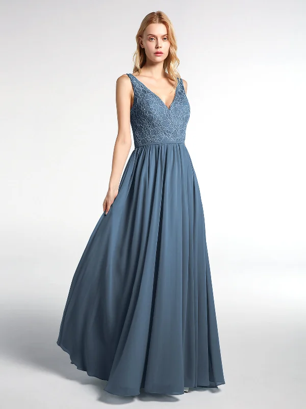 V-neck Lace Top Chiffon Skirt Maxi Dress-Slate Blue Fashionable Sleeveless Maxi Dress V-neck Lace Top Chiffon Skirt Maxi Dress-Slate Blue Fashionable Sleeveless Maxi Dress