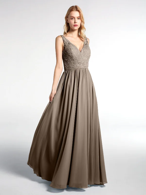 V-neck Lace Top Chiffon Skirt Maxi Dress-Taupe Fashionable High-Waist Maxi Dress