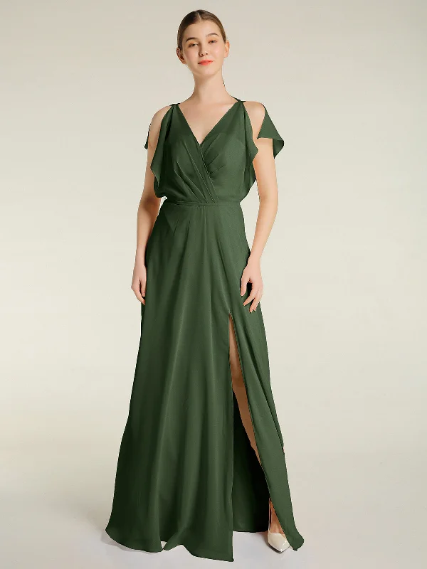 V Neckline Chiffon Maxi Dresses with Slit Olive Green Classic Black Maxi Dress