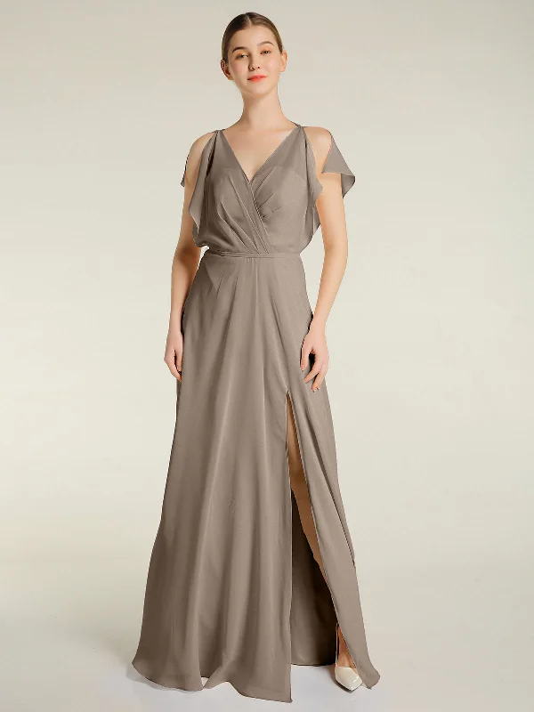 V Neckline Chiffon Maxi Dresses with Slit Taupe Elegant Lace-Up Maxi Dress