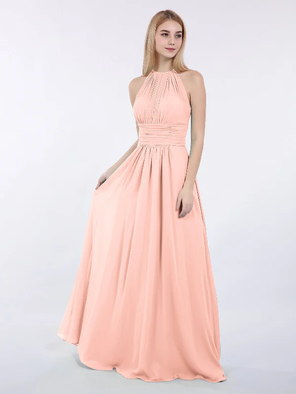 Halter Chiffon Maxi Dress of Bridesmaid Coral Fashionable Button-Down Maxi Dress