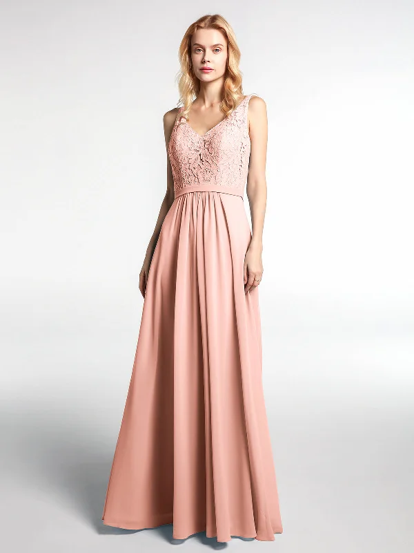 Lace Bodice Chiffon Skirt Maxi Dress with V-neck-Coral Comfortable Cotton Maxi Dress