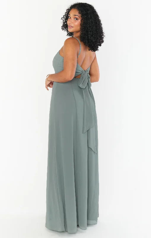 Lauren Tie Maxi Dress ~ Deep Sage Chiffon Comfortable Fitted Maxi Dress
