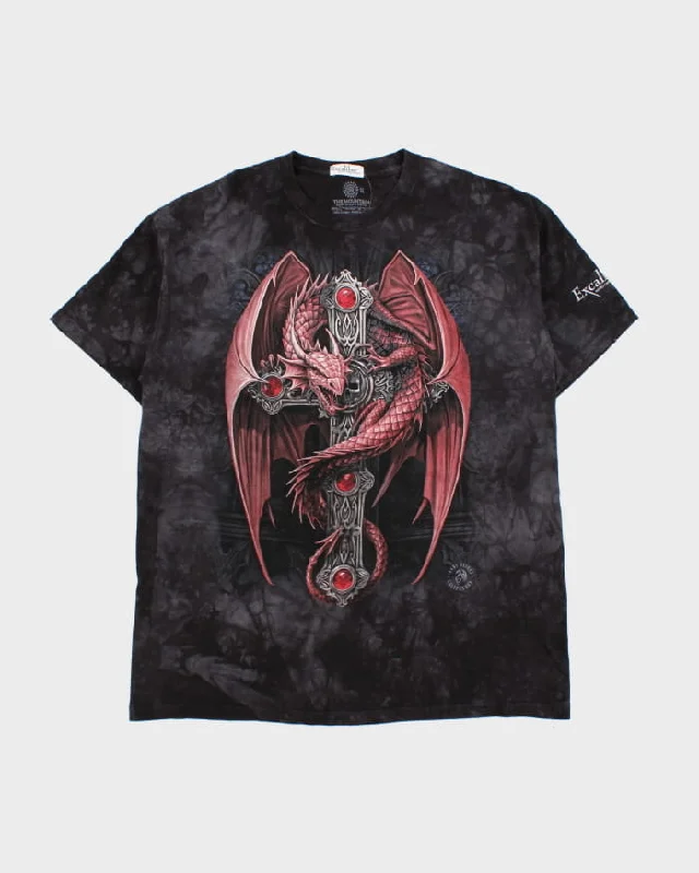 00s Excalibur Tie-Dye Dragon T-Shirt - XL Hooded Caped Shawl Collar