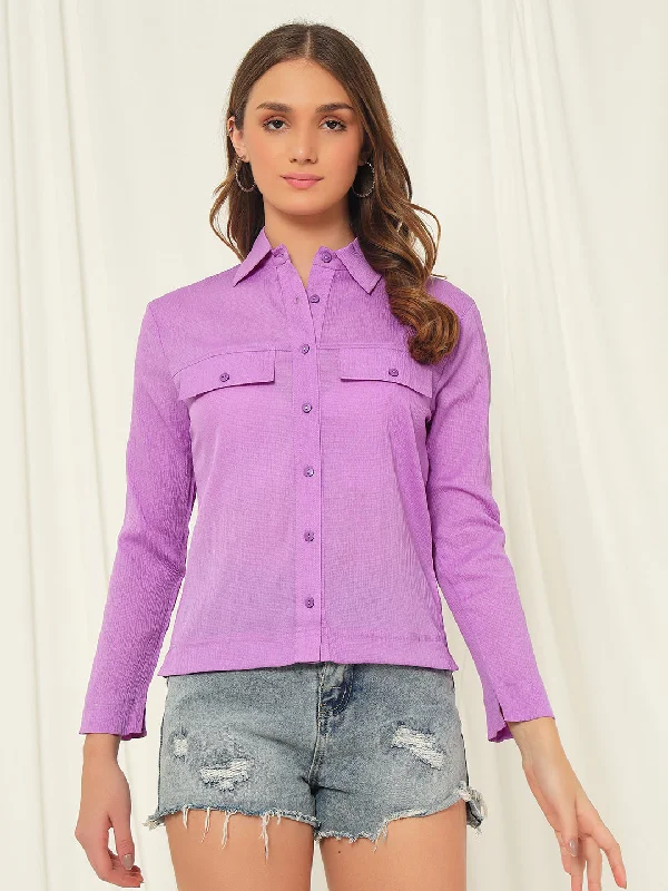 TANDUL  Women Regular Fit Solid Lapel Collar Casual Shirt Chenille Brocade Lace