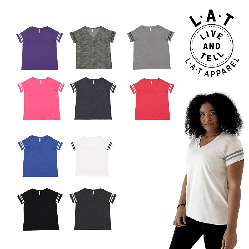 3837 Ladies Curvy Football V-neck Tee - L.A.T Mesh Blend Leather Blend Suede Blend