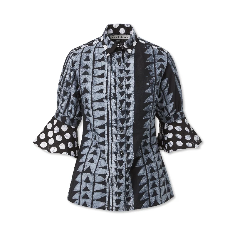 Hand-Batik Cotton Ruffle Cuff Shirt Hooded Caped Shawl Collar