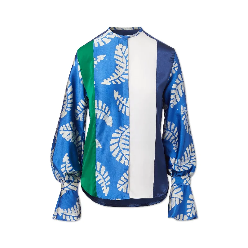 Hand-Batik Silk Ruffle Cuff Long Sleeve Shirt Collared T-Shirt Boat Neck A-Line