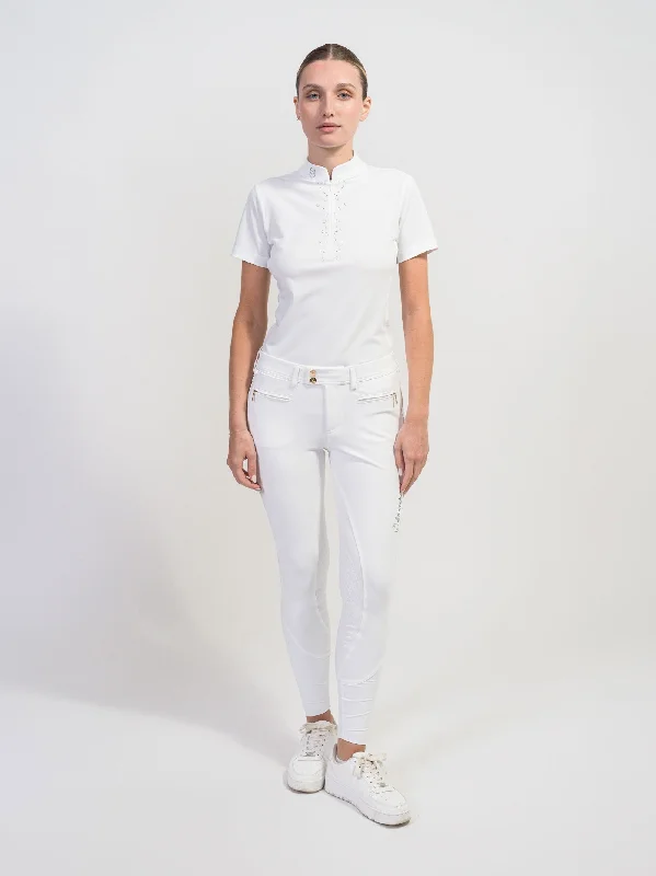 Loise Crystal Leaf S/S Shirt - WHITE Zippered Front Buttoned Front Snap Front