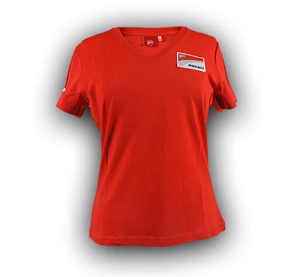 New Official Ducati Corse Womans Red T'Shirt V-Neck T-Shirt Long Sleeve Cotton