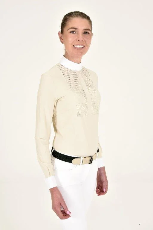 Perforated Bib L/S Shirt - Sand Satin Blend Silk Blend Wool Blend