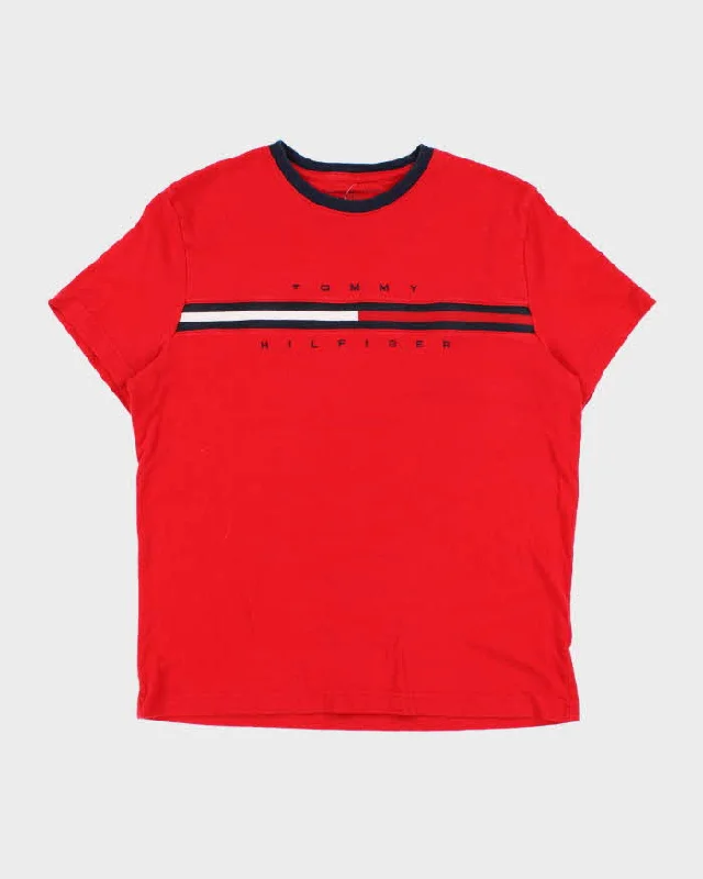 Tommy Hilfiger Red Branded T-Shirt - M Notch Collar Peter Pan Collar Cowl Neck