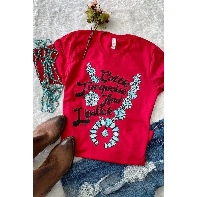 Turqoise and lipstick t-shirt Handmade Hand-knitted Hand-woven