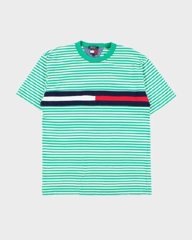 Vintage 90s Tommy Jeans Striped T-Shirt - M Zippered Front Buttoned Front Snap Front Vintage 90s Tommy Jeans Striped T-Shirt - M Zippered Front Buttoned Front Snap Front