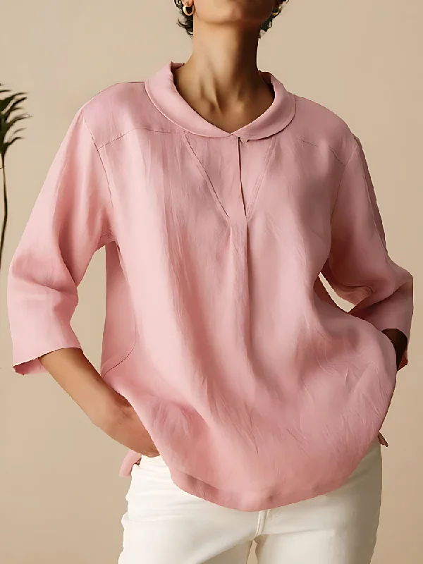 HELEN CASUAL LINEN COTTON 3/4 SLEEVE SHIRT Collared T-Shirt Boat Neck A-Line