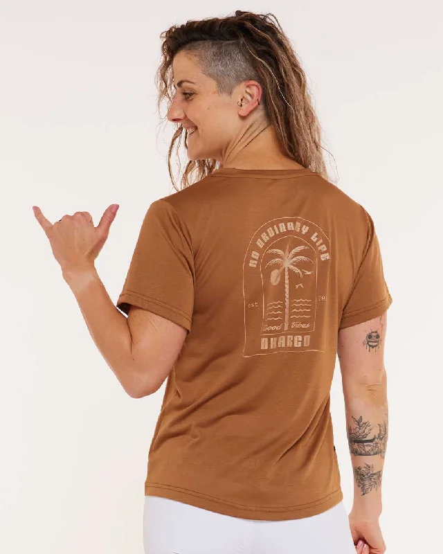 Womens Short Sleeve Tech Tee | Caramel Print Jacquard Patchwork