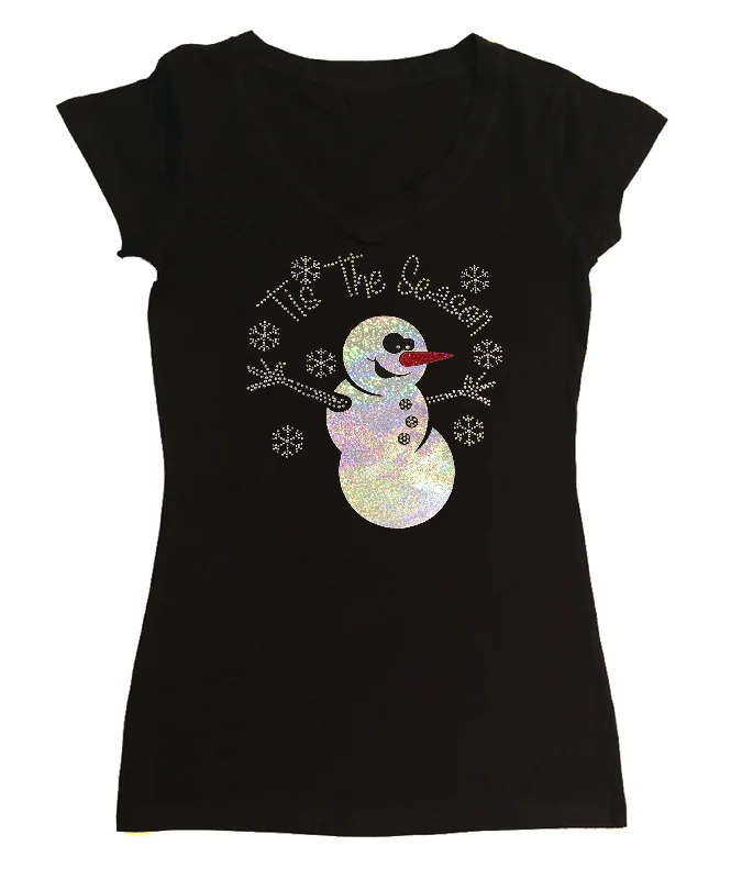 Womens T-shirt with It's the Season Snowman Front Pockets Side Pockets Patch Pockets Womens T-shirt with It's the Season Snowman Front Pockets Side Pockets Patch Pockets