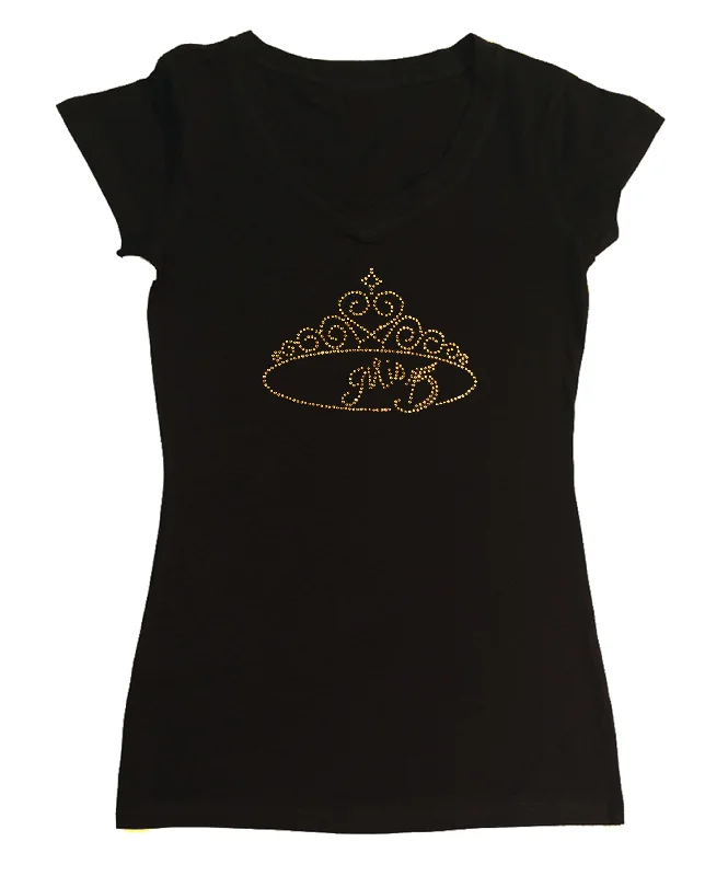 Womens T-shirt with Mis Quince Gold Tiara in Rhinestones Graphic T-Shirt Round Neck Polyester
