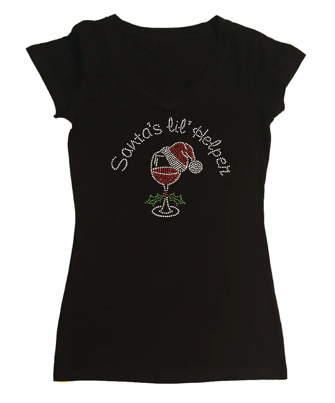 Womens T-shirt with Santas lil Helper with Wine Cup and Santa Hat in Rhinestones Mesh Canvas Denim