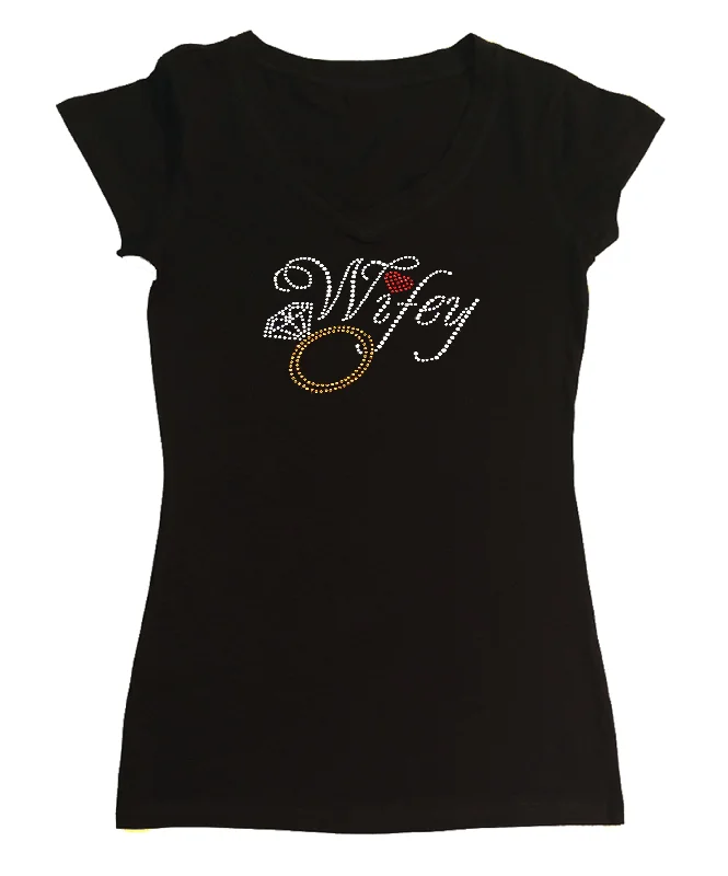Womens T-shirt with Wifey with Ring in Rhinestones Embroidered Appliqued Beaded