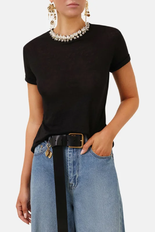 Crush Embellished Tee Black Mesh Fabric Canvas Fabric Denim Fabric