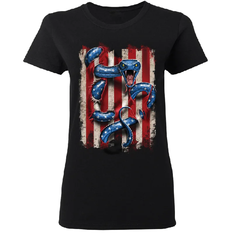 Zexpa Apparelâ„¢ Patriotic American Serpent Snake Women's T-Shirt Welt Pockets Slit Pockets