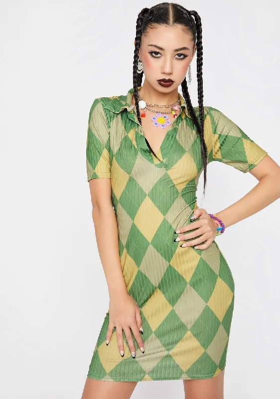 Argyle Print Collared Mini Dress Cozy T-Shirt Mini Dress
