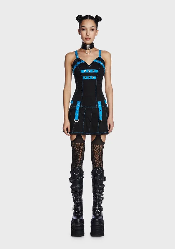 Black/Blue Pleated Mini Dress Comfortable Wrap Mini Dress