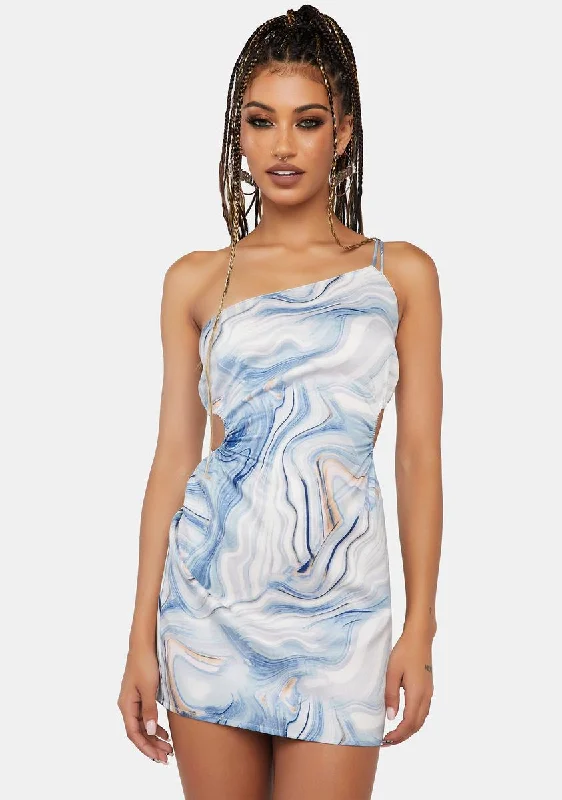 Blue Abstract Swirl Mini Dress Chic Mini Dress with V-Neck