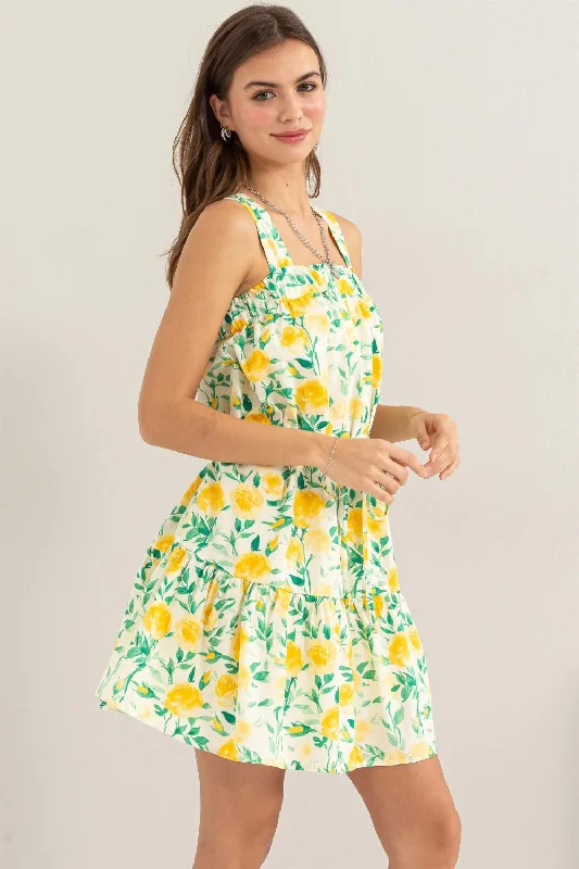 Blue Zone Planet |  HYFVE Floral Tie Shoulder Mini Dress Chic Pleated Mini Dress