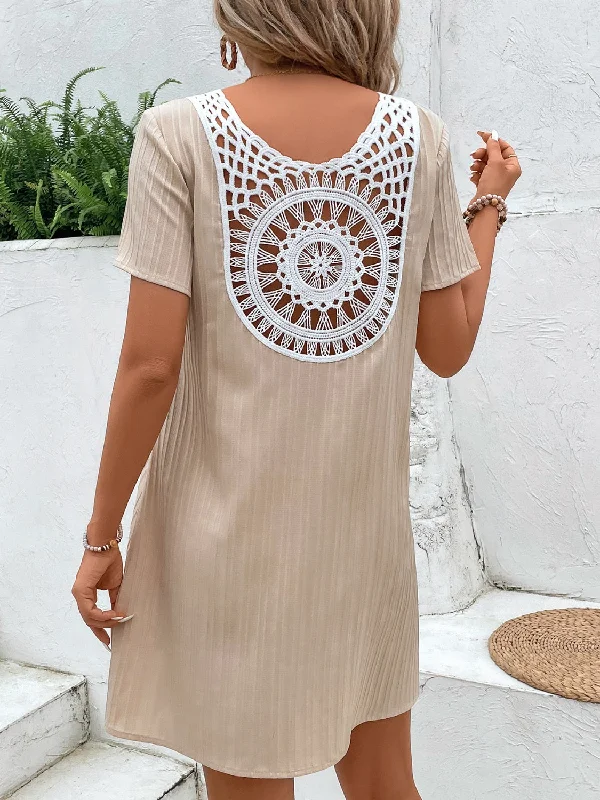 Blue Zone Planet | Lace Detail V-Neck Short Sleeve Mini Dress Elegant Off-Shoulder Dress Mini Blue Zone Planet | Lace Detail V-Neck Short Sleeve Mini Dress Elegant Off-Shoulder Dress Mini