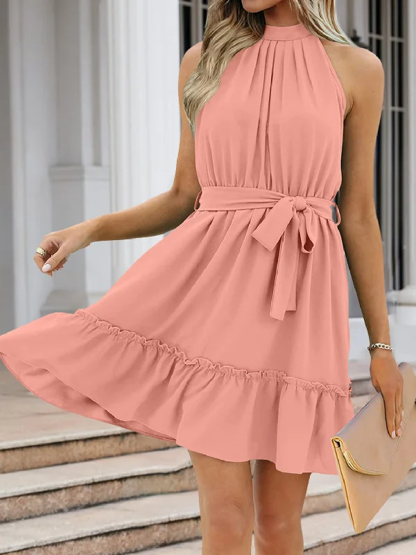 Blue Zone Planet |  Ruched Grecian Neck Tie Waist Mini Dress Comfortable Off-Shoulder Mini Dress
