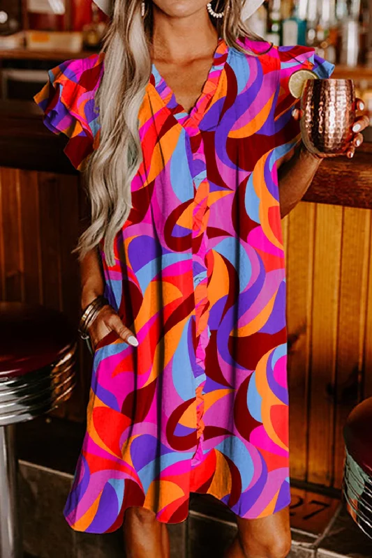 Blue Zone Planet | Ruffled Contrast Print Cap Sleeve Mini Dress Chic Mini Dress with V-Neck Blue Zone Planet | Ruffled Contrast Print Cap Sleeve Mini Dress Chic Mini Dress with V-Neck