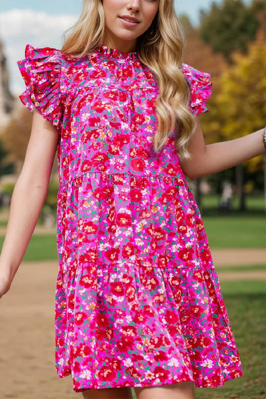 Blue Zone Planet |  Ruffled Printed Cap Sleeve Mini Dress Casual Mini Dress with Pockets