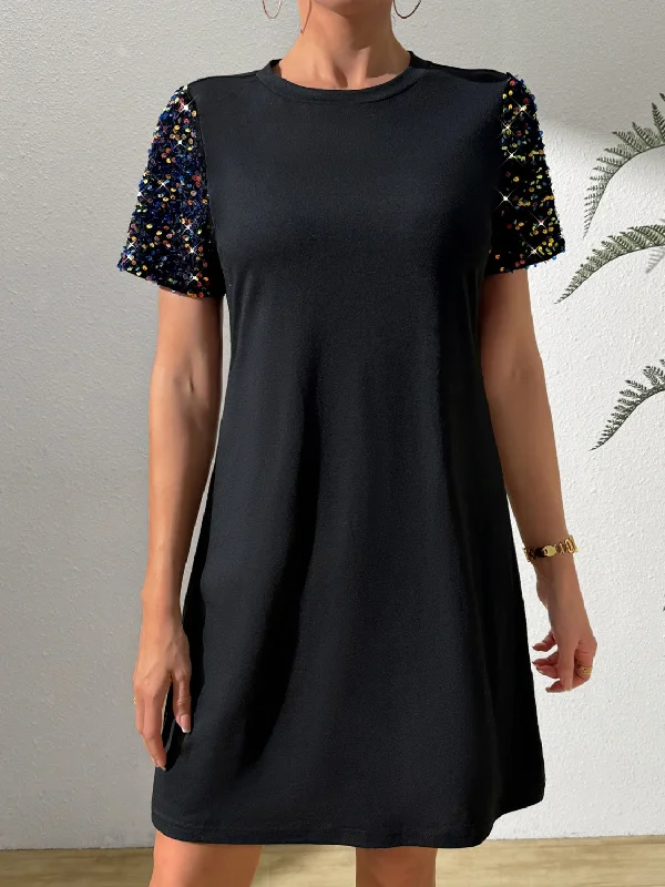 Blue Zone Planet | Sequin Round Neck Short Sleeve Mini Dress Comfortable Zip-Up Mini Dress Blue Zone Planet | Sequin Round Neck Short Sleeve Mini Dress Comfortable Zip-Up Mini Dress