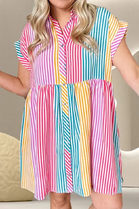 Blue Zone Planet | Striped Collared Neck Cap Sleeve Mini Dress Stylish Button-Down Mini Dress Blue Zone Planet | Striped Collared Neck Cap Sleeve Mini Dress Stylish Button-Down Mini Dress