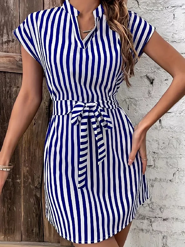 Blue Zone Planet |  Tied Striped Cap Sleeve Mini Dress Comfortable Ruffle Mini Dress