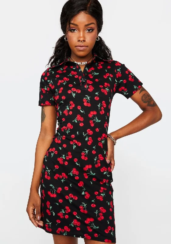 Cherries Black Jeeves Mini Dress Comfortable Smocked Mini Dress