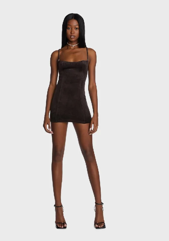 Chocolate Starlet Moments Velour Mini Dress Fashionable Boho-Chic Mini Dress