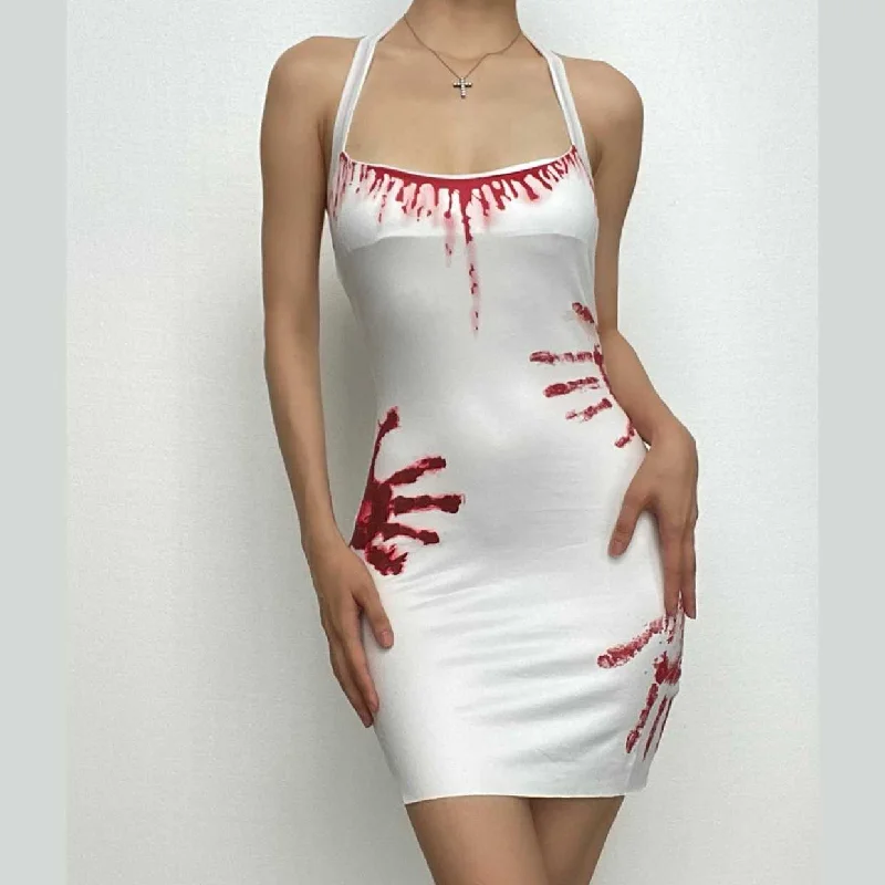 Contrast palm pattern halter backless slit mini dress Cozy T-Shirt Mini Dress