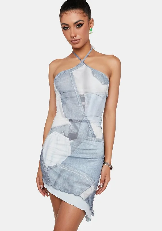 Denim Pocket Adelia Mini Dress Comfortable Ruffle Mini Dress