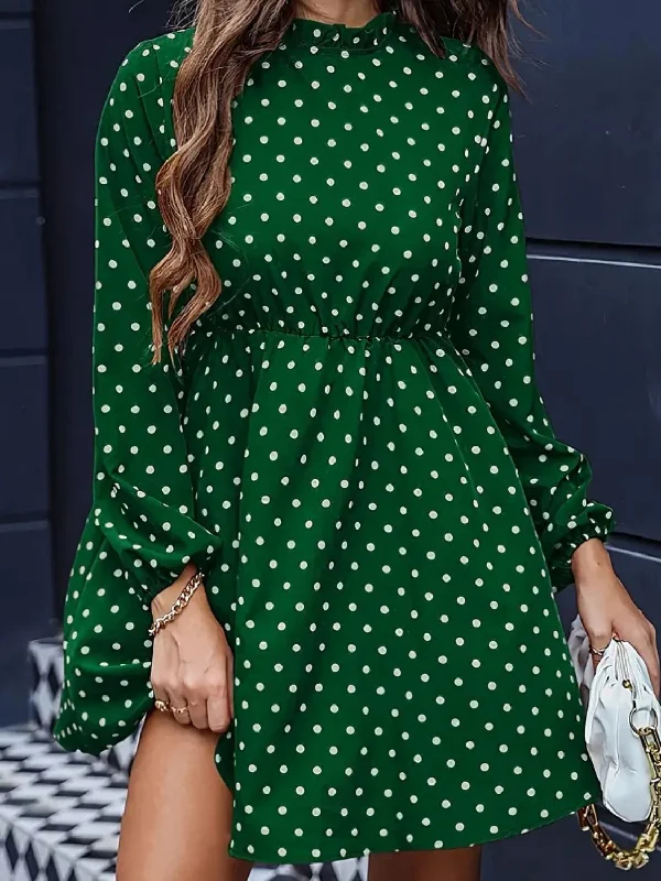 Frill Polka Dot Mock Neck Mini Dress Elegant Satin Lace Mini Dress