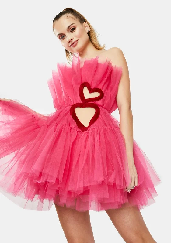 Fuchsia Heart Cutout Tulle Mini Dress Trendy Lace Mini Dress