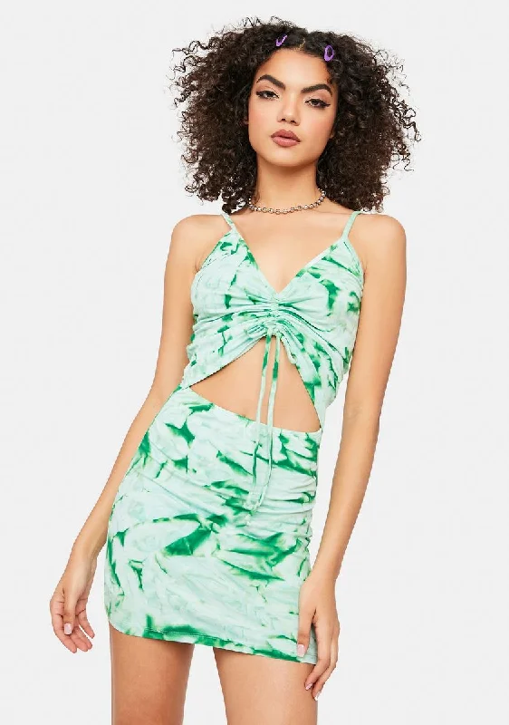 Green Tie Dye Ruched Mini Dress Trendy Cut-Out Mini Dress
