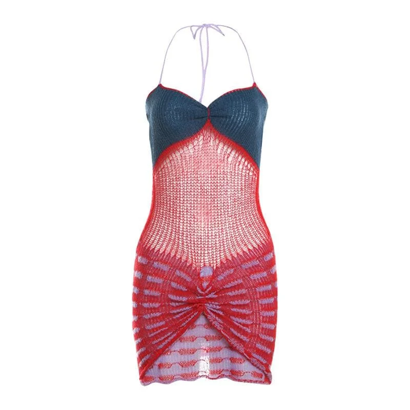 Halter ruched knitted hollow out cut out mini dress Trendy A-Line Mini Dress
