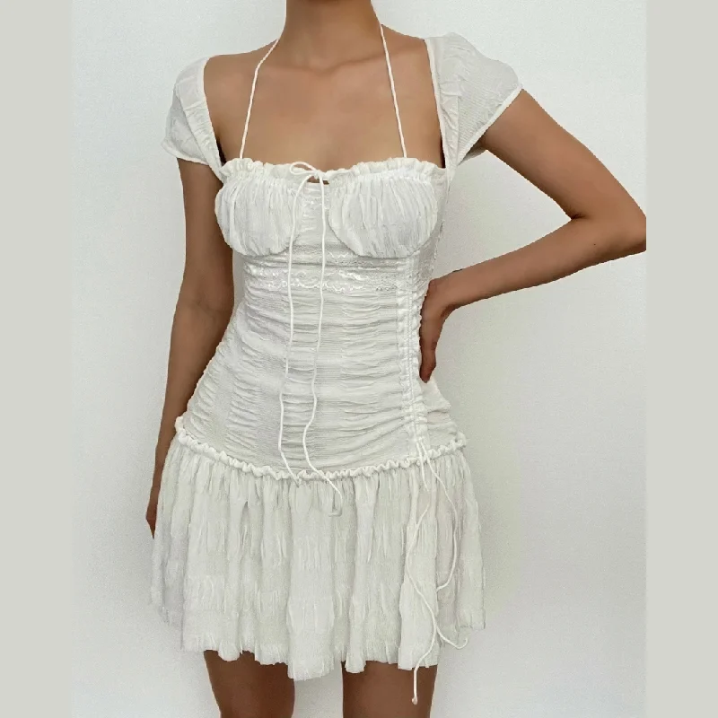 Halter square neck ruched textured short sleeve mini dress Fashionable Denim Mini Dress Halter square neck ruched textured short sleeve mini dress Fashionable Denim Mini Dress