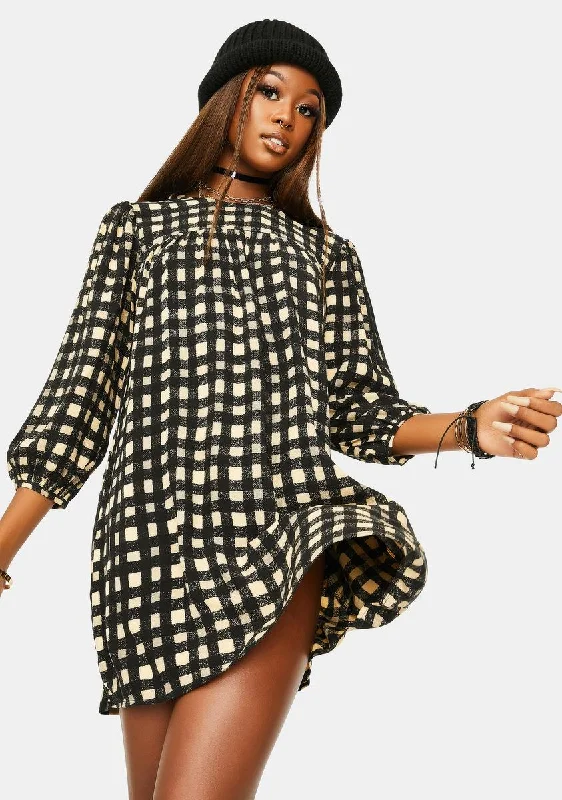 Isha Check Mini Dress Elegant Off-Shoulder Dress Mini
