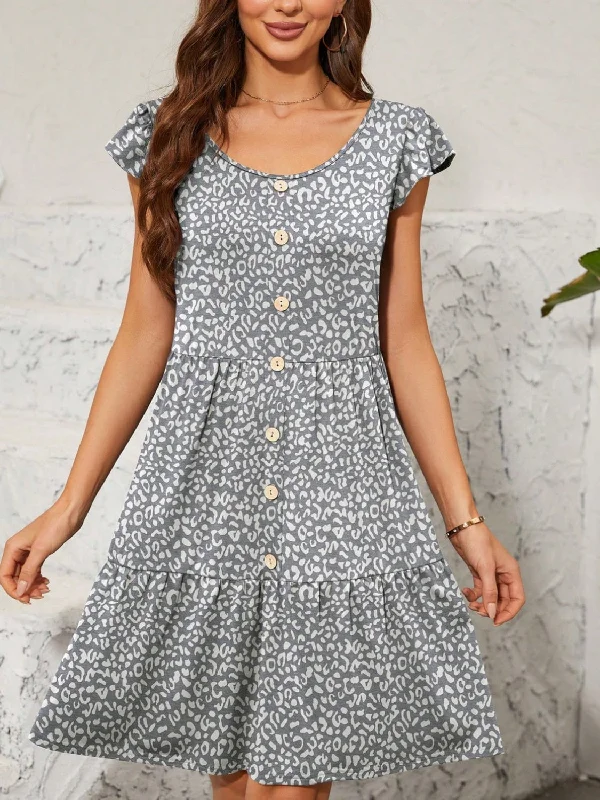 Blue Zone Planet |  Leopard Round Neck Cap Sleeve Mini Dress Cozy T-Shirt Mini Dress
