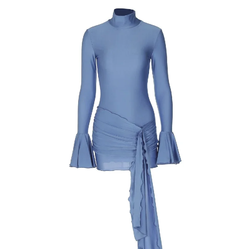 Long flared sleeve high neck ruched mini dress Chic Bohemian Mini Dress