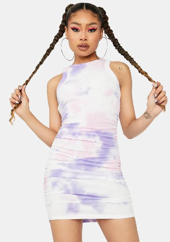 Magic Decision Made High Neck Tie Dye Mini Dress Elegant Off-Shoulder Dress Mini